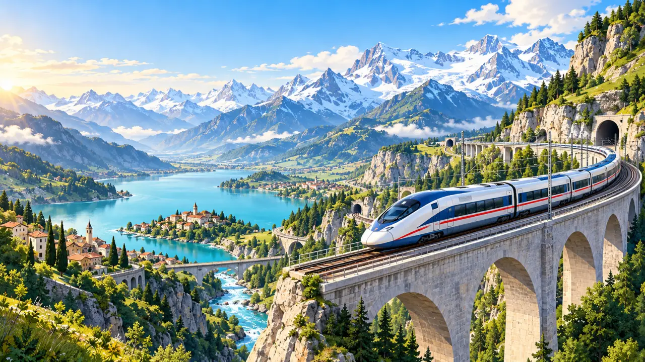 Train européen traversant un paysage alpin, illustration géométrique