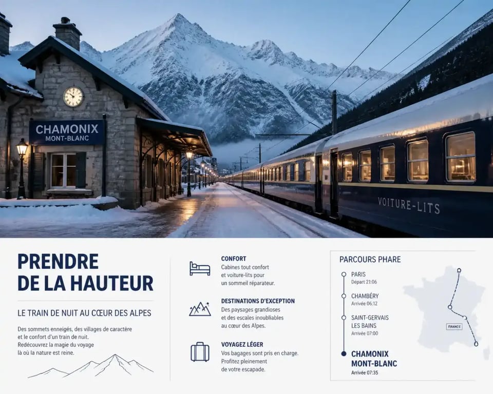 Arrivée en train de nuit dans une station de ski des Alpes