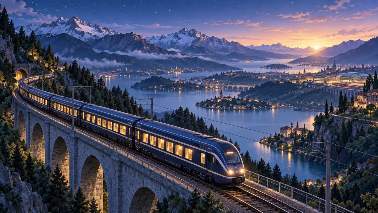 Composition abstraite représentant un train de nuit européen en mouvement