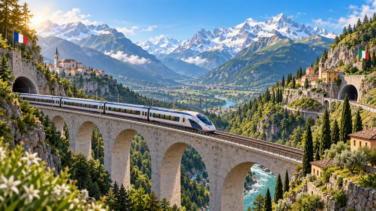 Illustration abstraite d'un train traversant les Alpes entre Lyon et Turin