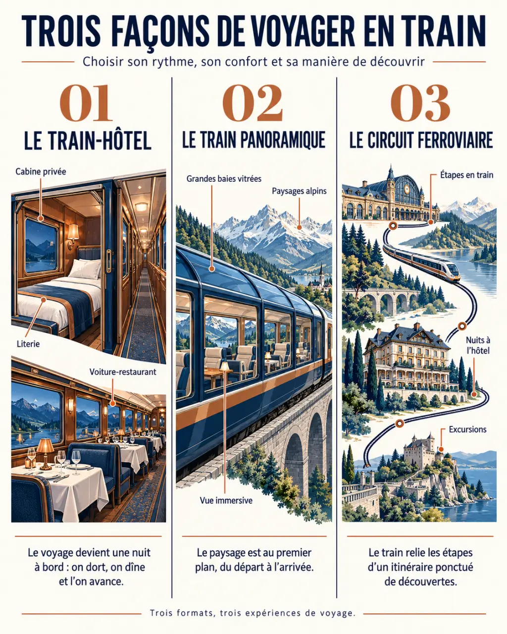 Croisière en train : comparaison entre train-hôtel, train panoramique et circuit ferroviaire avec hôtels