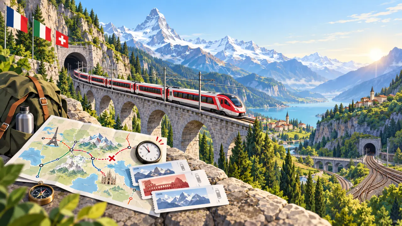 Train traversant un paysage alpin entre la France et l’Italie