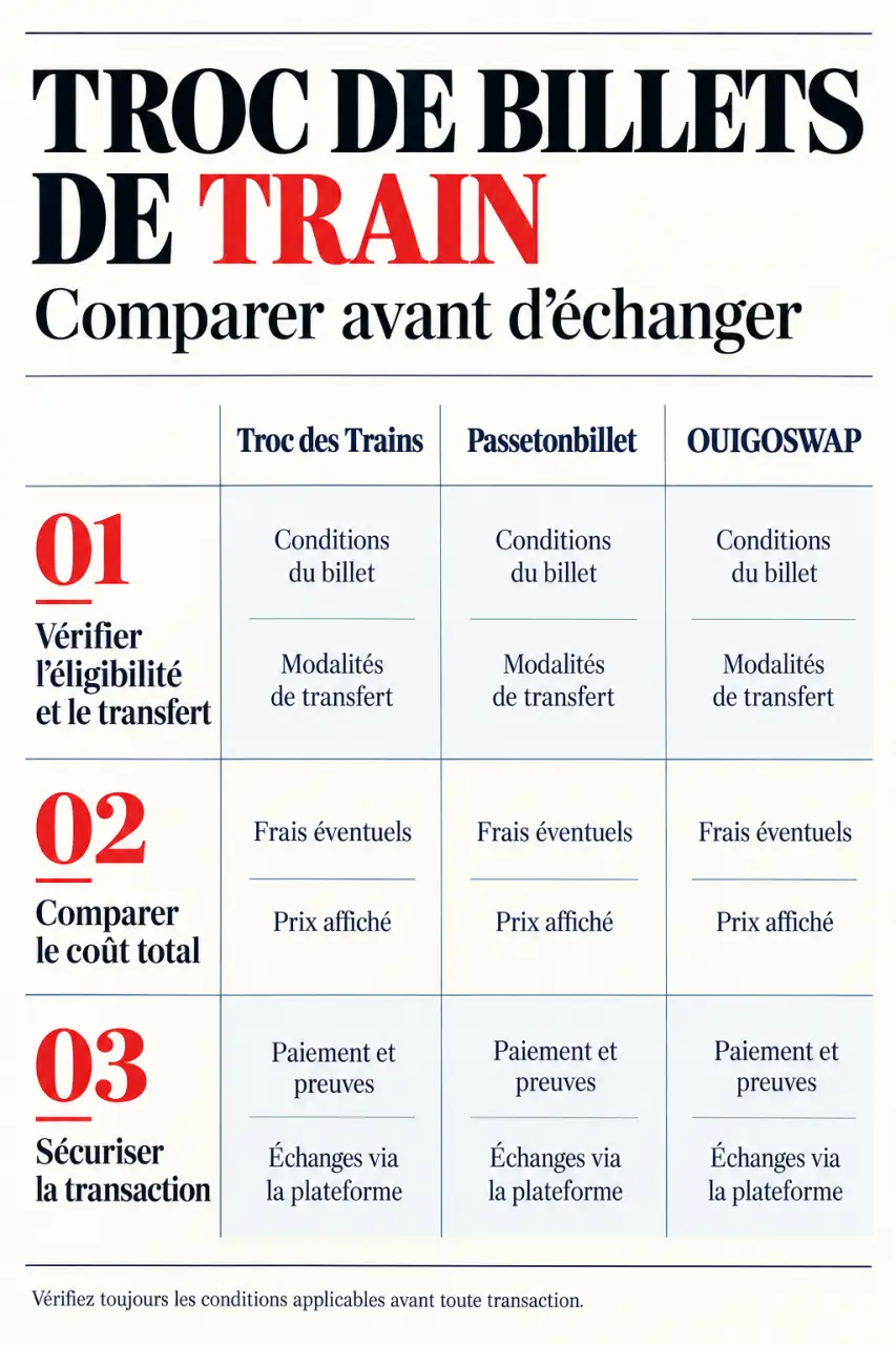 Infographie comparative sur le troc des billets de train entre Troc des Trains, Passetonbillet et OUIGOSWAP