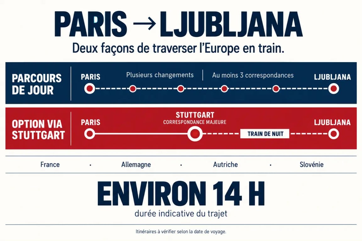 Infographie du trajet train from Paris to Ljubljana Slovenia avec correspondances via Stuttgart et option de train de nuit