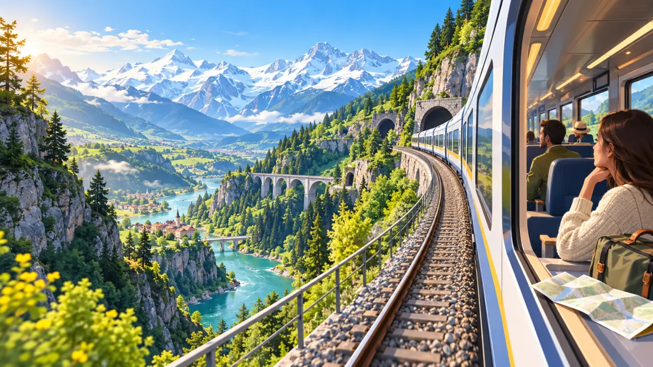 Train traversant les Alpes sur l'itinéraire entre Lyon et Turin