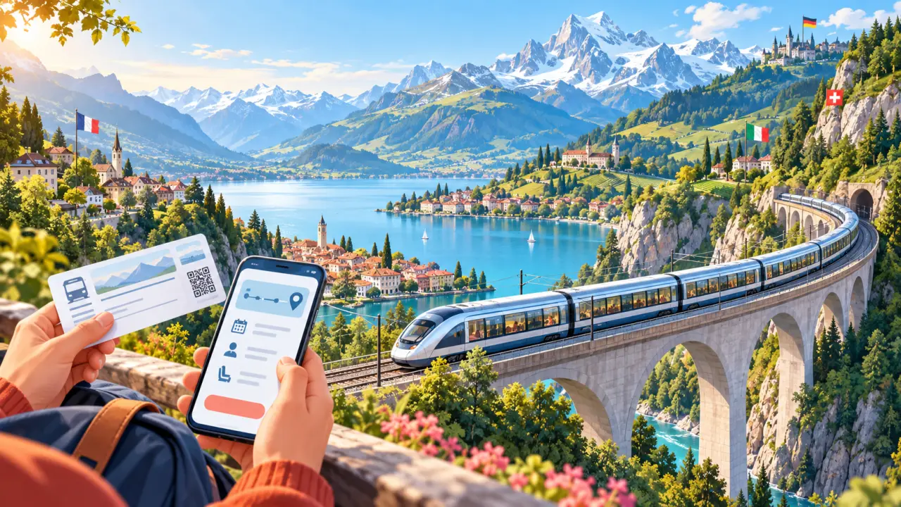 Train traversant un paysage européen entre montagnes et vallées