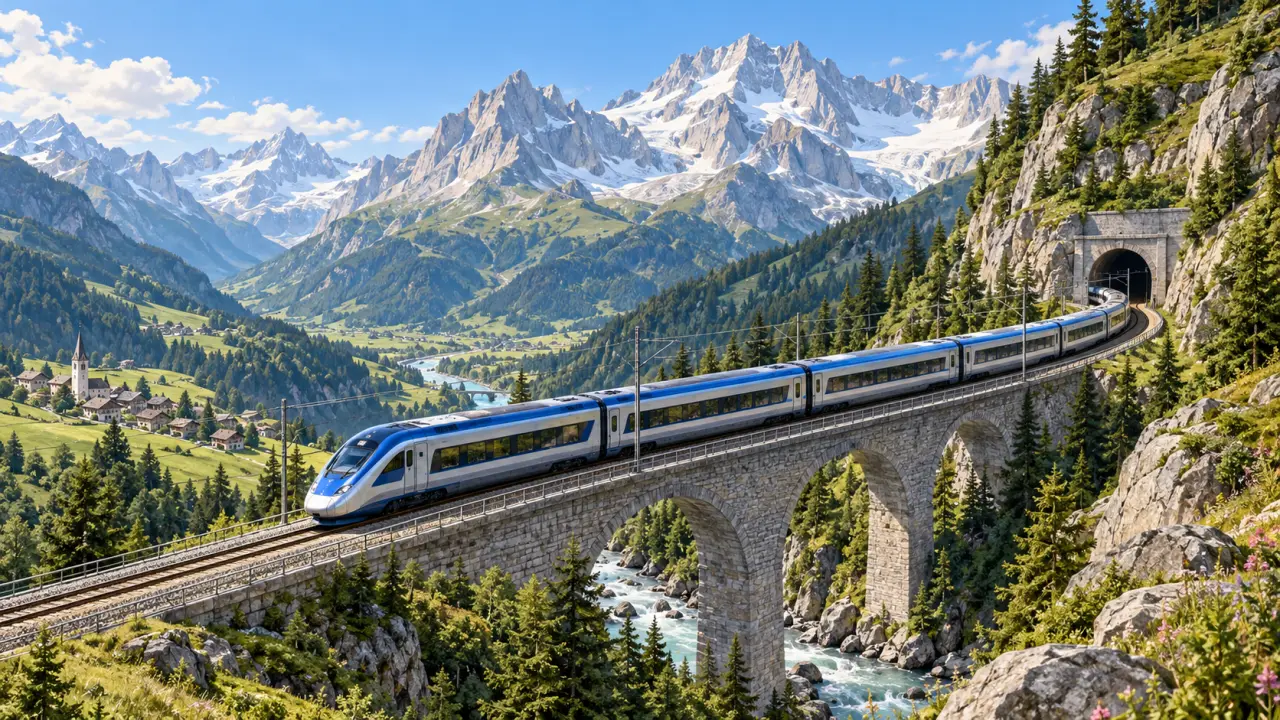 Train traversant les Alpes sur la ligne entre Lyon et Turin