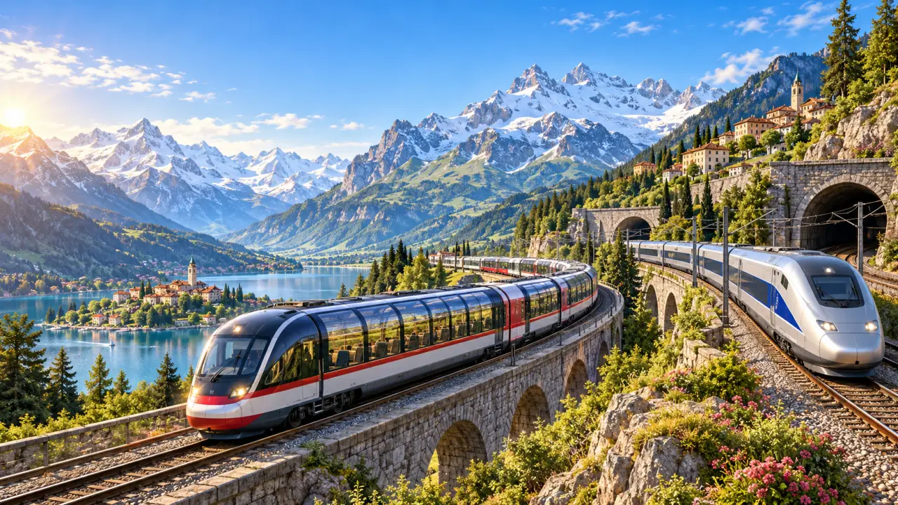 Train traversant un paysage alpin entre Lyon et Turin