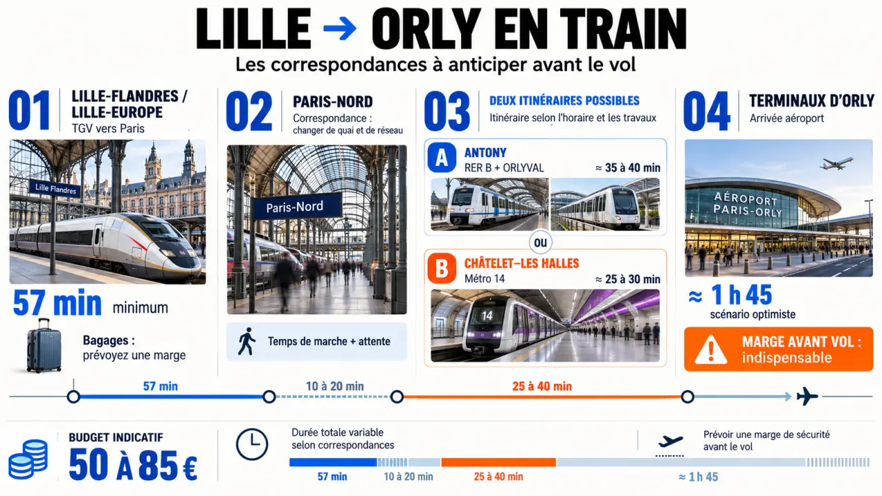 Infographie du trajet train Lille Orly aéroport avec correspondances à Paris-Nord, Antony ou métro 14