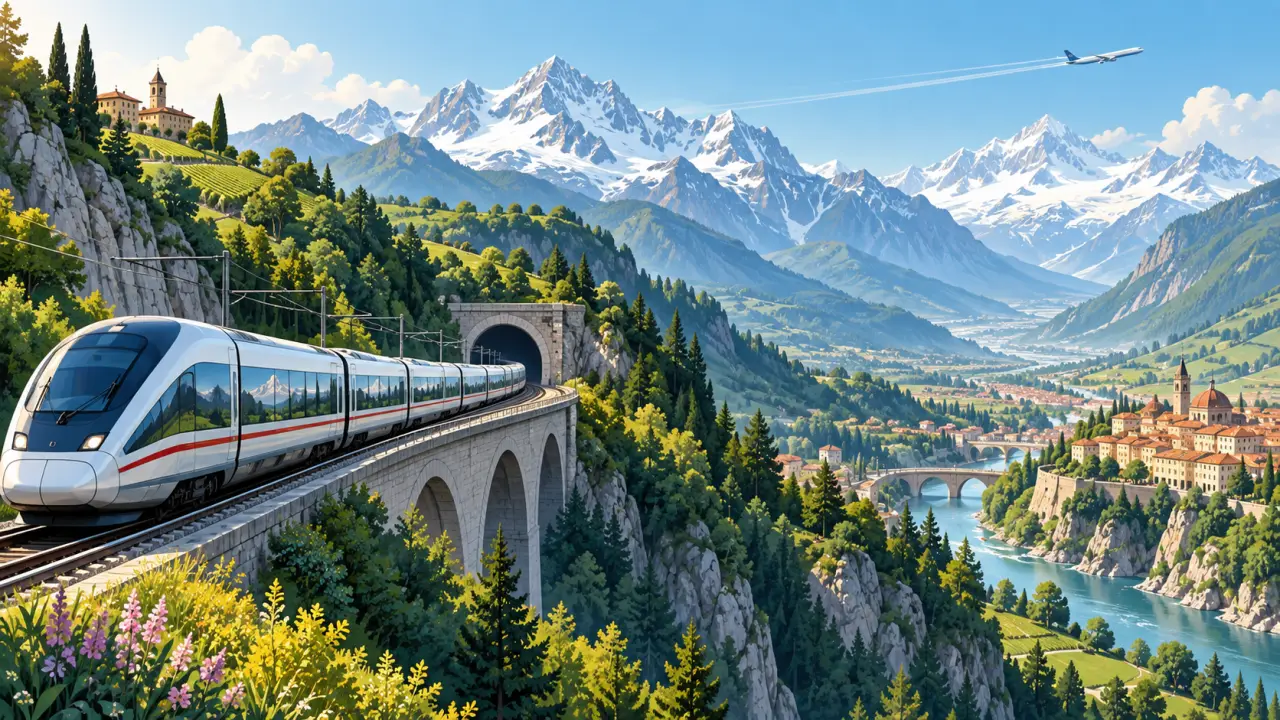 Train traversant un paysage alpin entre Lyon et Turin