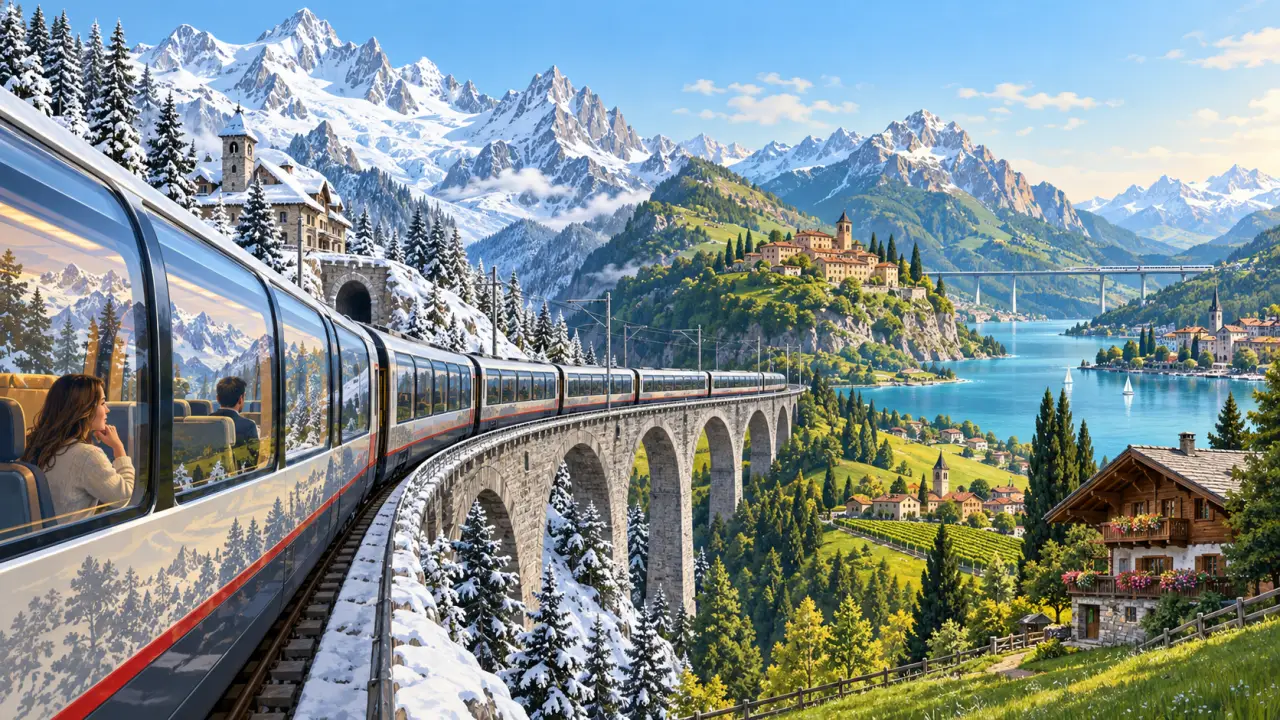 Train traversant un paysage alpin entre montagnes enneigées et lac bleu