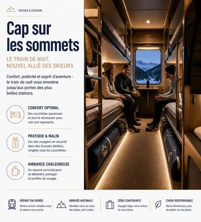 Intérieur d'un train de nuit pour le ski avec rangement pour matériel