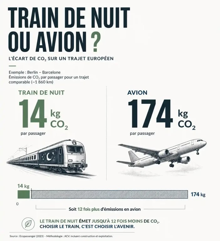 Infographie empreinte carbone train de nuit vs avion vers Berlin