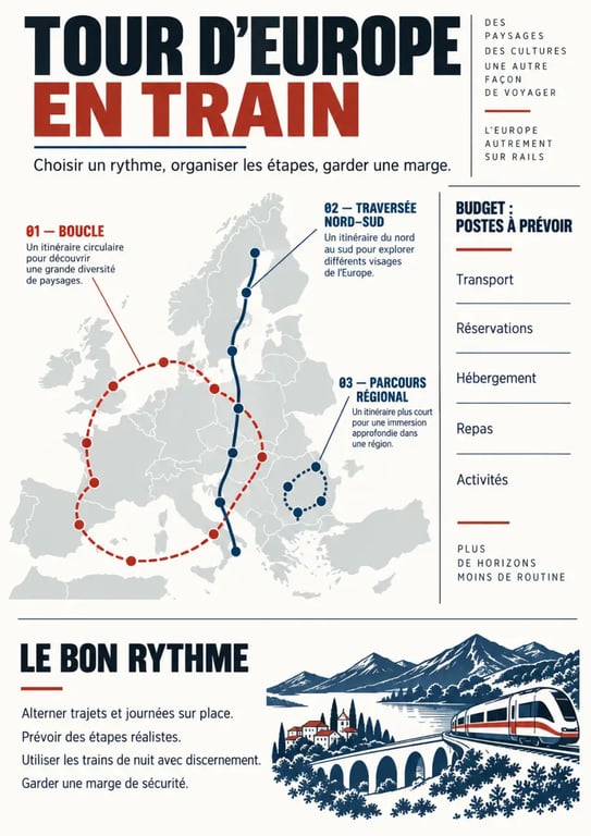 Infographie pour préparer un tour d’Europe en train : itinéraires, rythme et postes du budget