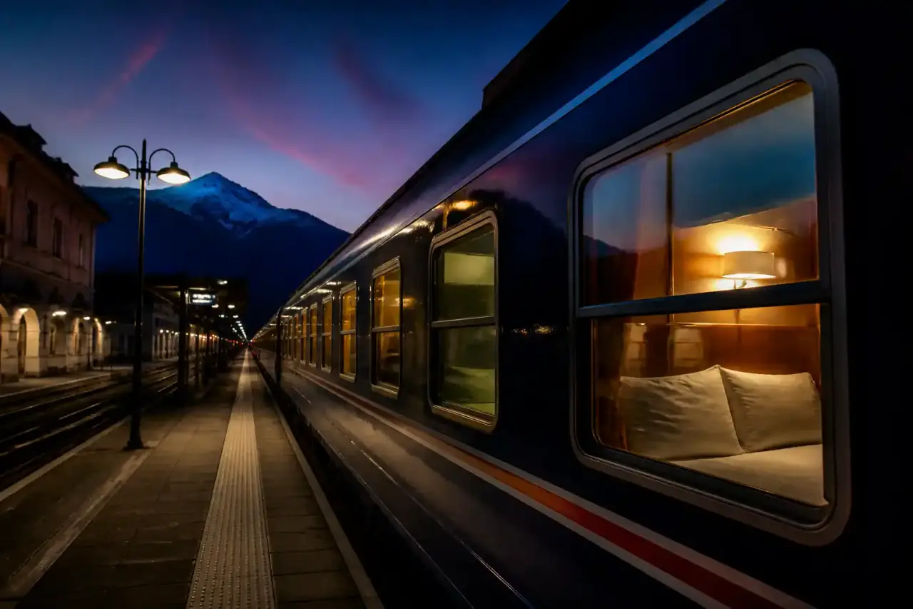 Illustration Bauhaus d’un train de nuit en mouvement à travers l’Europe