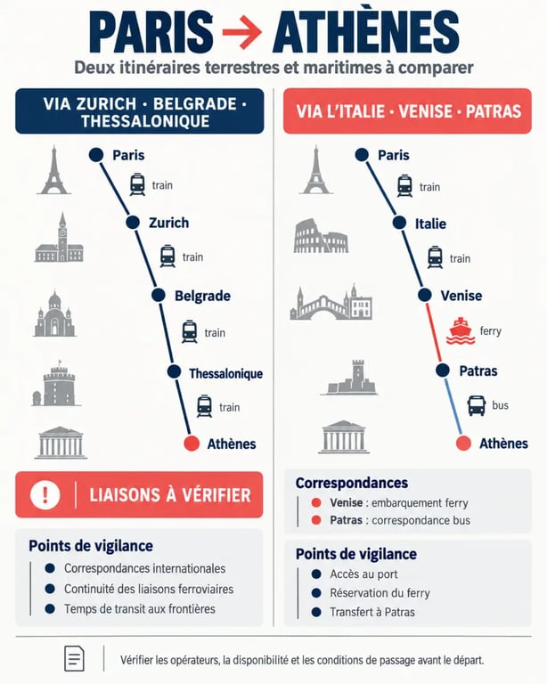 Infographie des itinéraires Paris Athènes en train via les Balkans ou l’Italie