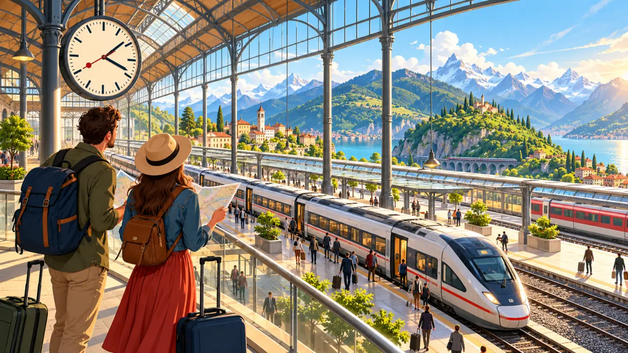 Train européen arrivant dans une gare pour une correspondance