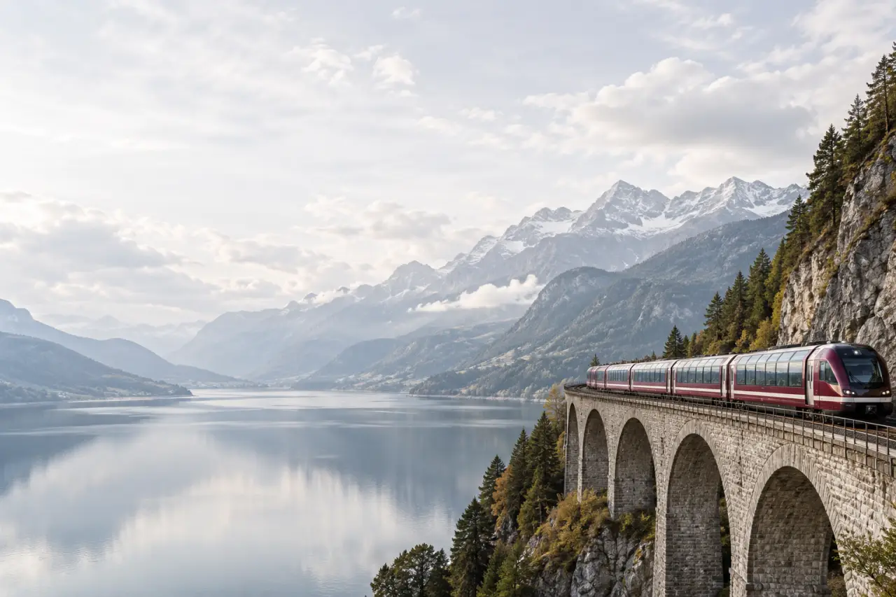 Voyage train suisse à bord d’un train panoramique entre lac et montagnes