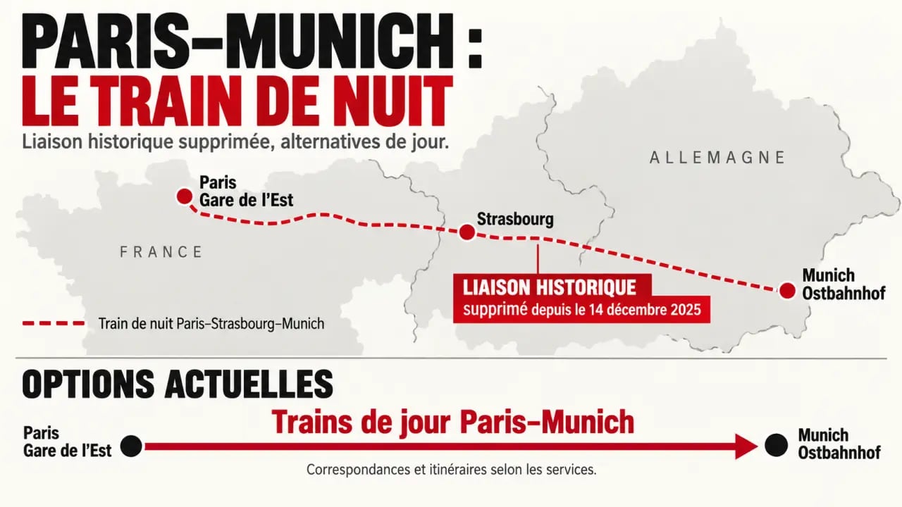 Infographie du Paris Munich train de nuit supprimé et des alternatives en train de jour