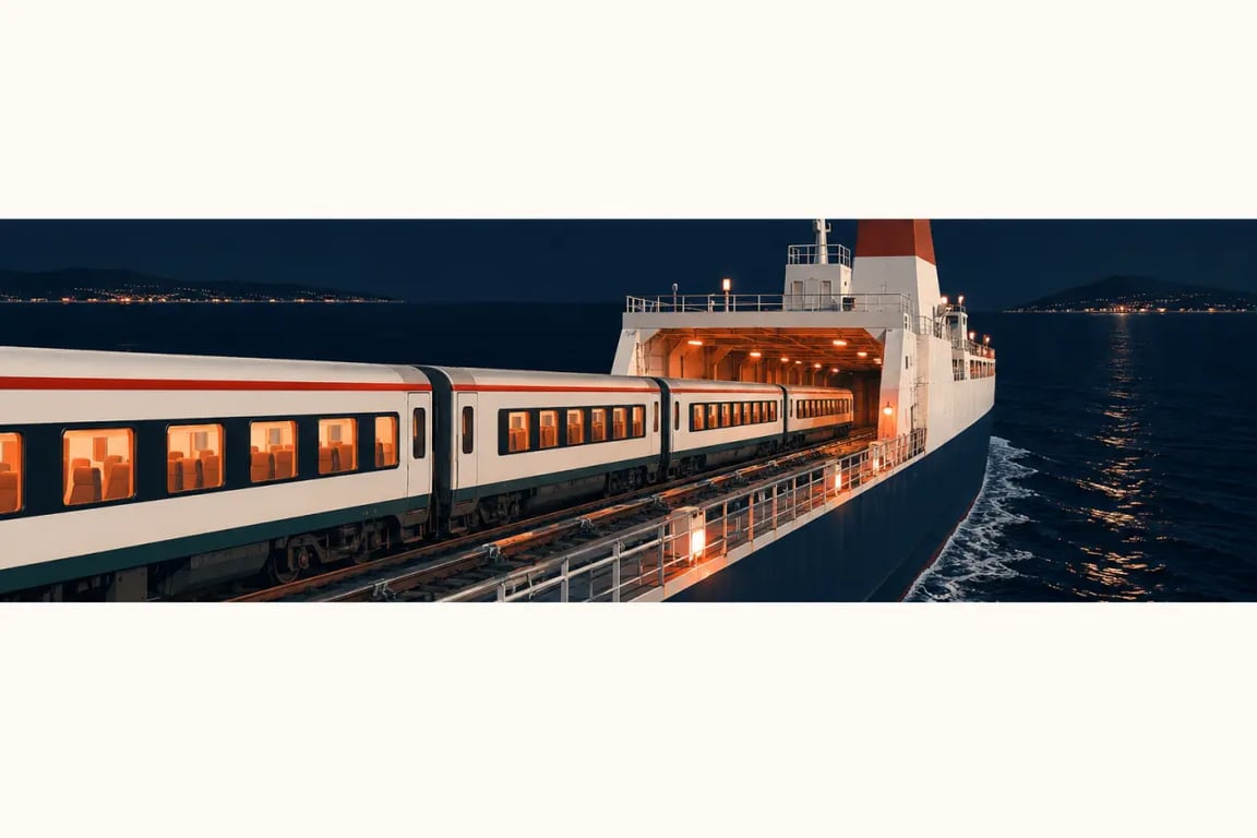 Train de nuit Italie embarqué sur un ferry ferroviaire dans le détroit de Messine
