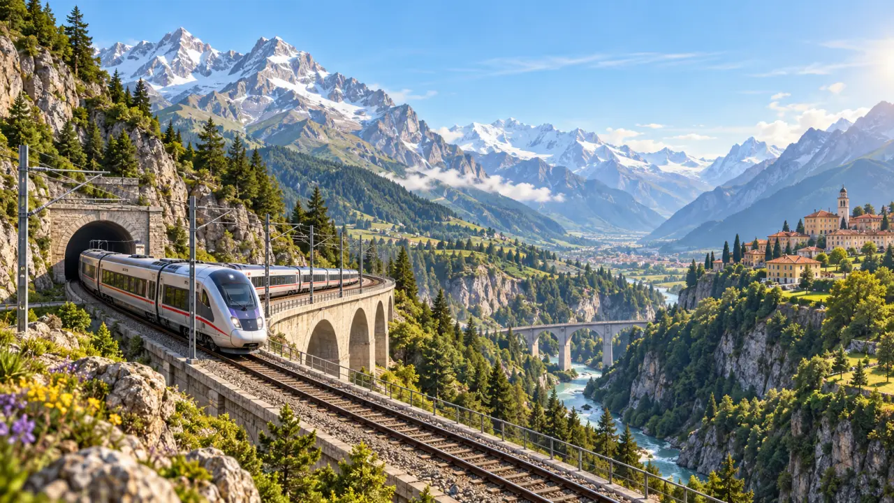 Train traversant les paysages alpins entre Lyon et Turin