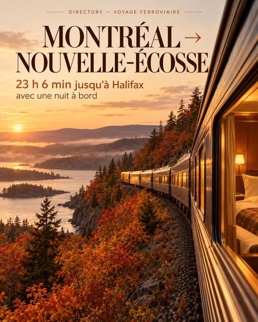 Montréal–Nouvelle-Écosse en train : 23 h 6 min jusqu’à Halifax, avec une nuit à bord
